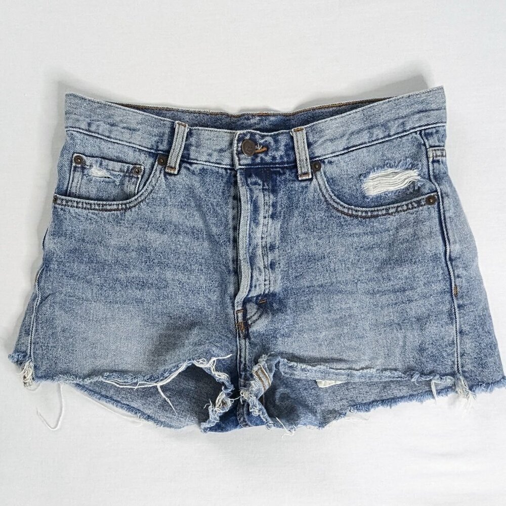 Cheap Monday Washed Blue Denim Distressed Raw Hem Shorts
